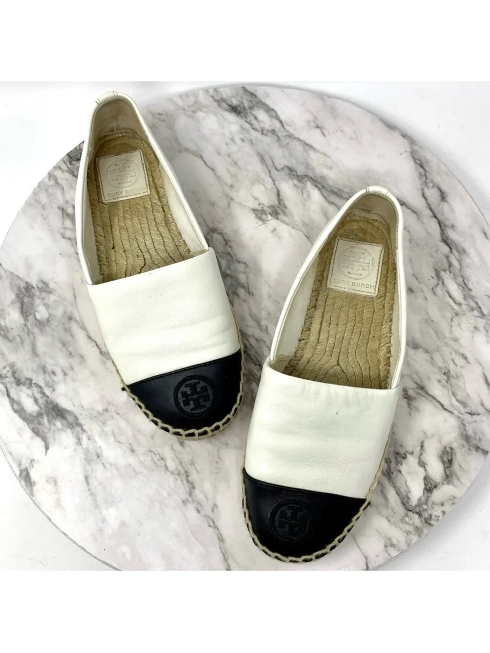 Tory Burch Color-Block Black/Cream Leather Espadrilles 6 Euro Summer Classic